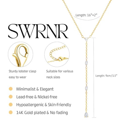 Lariat Necklace for Women, Dainty 14K Gold/Silver Plated Long Necklaces for Women Trendy Simple Layered Y-Shaped Pendant Necklace Adjustable Fashion Jewelry Gift - color: Gold, style: Four CZ Pendant