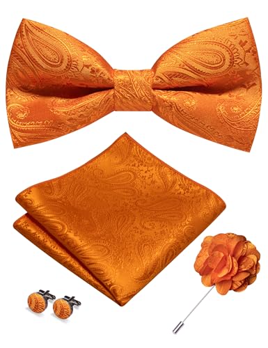 JEMYGINS Mens Paisley Bow Tie and Lapel Pin Necktie Pocket Square and Tie Clip with Sets for Business Casual 4PCS - color: Orange