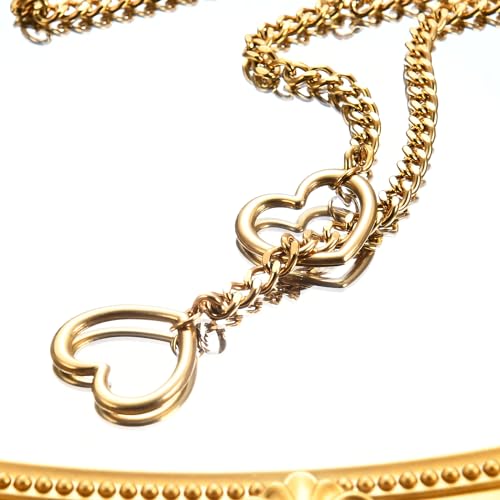 Qitian Stainless Steel Adjustable Lariat Y-Necklace for Men,Punk Gothic Cuban Necklace Jewelry,Heart O-ring Slip Chain Necklace for Women - color: Gold
