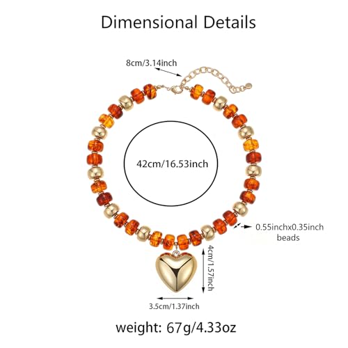 Resin Chunky Colorful Beaded Necklace | Adjustable Boho Statement Necklace,Summer Beach Party Jewelry - color: Heart+Brown