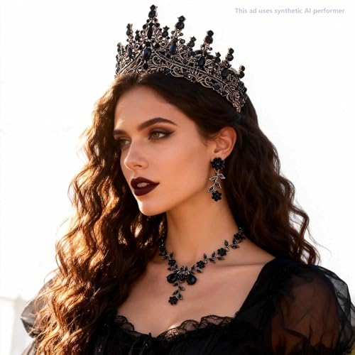 Kamirola Tiaras and Crowns for Women,Tiaras Earrings Necklace, Crystal Bridal Jewelry Set (TR48) - color: Black