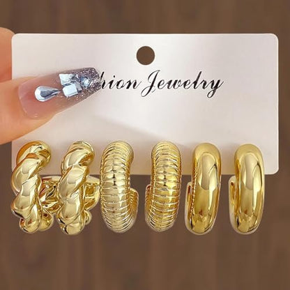 9 Pairs Women's Hypoallergenic Thick Gold Drop Earrings, Fashion Thick Gold-Plated Hoop Earrings Set, Lightweight Jewelry