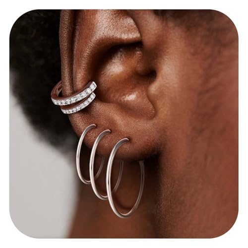 White Gold Earrings for Women Men Hoop and Stud Earring Set | Hypoallergenic 14K White Gold Plated Hoops Huggie Stud Earrings Set Round Cubic Zirconia Ear Jewelry - style: A5-White Gold-Hoop (5 Pairs)