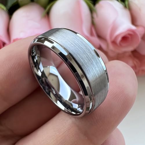 TUTISS 6mm 8mm Tungsten Rings for Men Women Fashion Engagement Wedding Bands Brushed Finish Stepped Beveled Edges Comfort Fit - color: 8mm Silver Tungsten