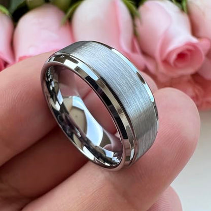TUTISS 6mm 8mm Tungsten Rings for Men Women Fashion Engagement Wedding Bands Brushed Finish Stepped Beveled Edges Comfort Fit - color: 8mm Silver Tungsten