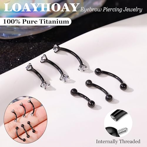 6PCS 16G G23 Titanium Eyebrow Piercing Jewelry for Women Curved Barbell Tiny Eyebrow Ring Vertical Labret Belly Lip Tongue Ring Internally Threaded Rook Tragus Daith Earring 6/8/10mm - color: Black B