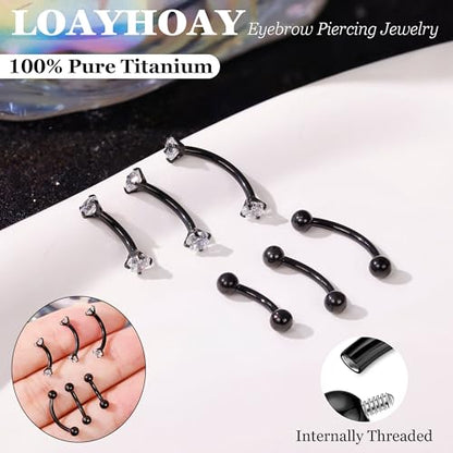 6PCS 16G G23 Titanium Eyebrow Piercing Jewelry for Women Curved Barbell Tiny Eyebrow Ring Vertical Labret Belly Lip Tongue Ring Internally Threaded Rook Tragus Daith Earring 6/8/10mm - color: Black B