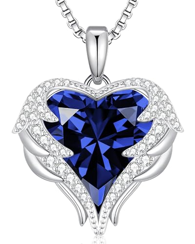 CDE Angel Wings Heart Birthstone Pendant Necklace Gift for Women | Silver/Gold Tone,Ideal Birthday & Anniversary Jewelry Gift for Wife,Girlfriend,Her - color: White-09-Sept-Spahhire Blue Birthstone