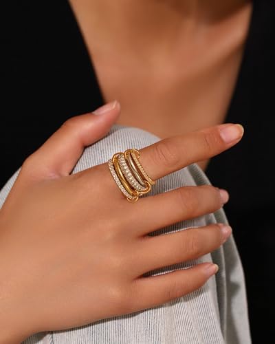 14K Gold Interlocking Stackable Rings for Women – Silver Gold Stack Ring Set with CZ, Two Tone Interlocked Stacked Ring, Multi-layer Statement Ring Jewelry - color: 14K Gold&Silver CZ(5Layer), size: 5