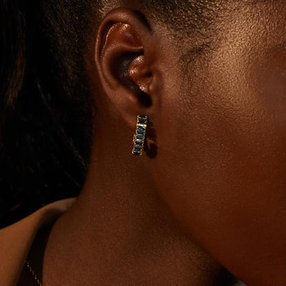 Green Crystal huggie gold hoop earrings for women Girls,14K Gold Plated with 925 Sterling Silver Post color Cubic Zirconia dainty cute Earrings| CZ Stud Earring - color: Blue stone