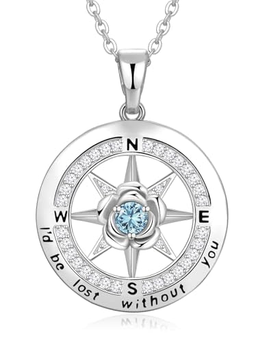Meeshi Silver Compass Necklace for Women Birthday Gifts for Wife Anniversary Necklace for Women Rose Flower Birthstone Necklaces for Wife Jewelry for Womens Girlfriend Mom Daughter - style: 03-March-Aquamarine