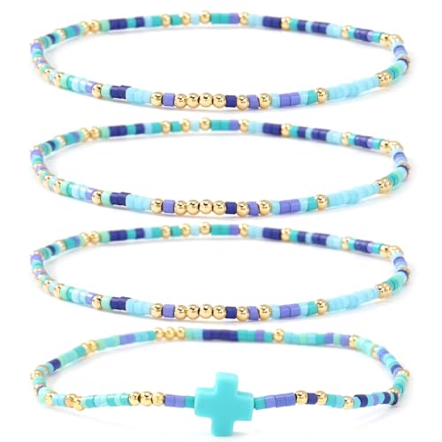 Christian Cross Christmas Stackable Seed Beaded Bracelets for Women, Boho Colorful Healing Stretch Accessories God Christ Pray Faith Amulet Jewelry, Daily Party Holiday Friendship Gift - color: Blue