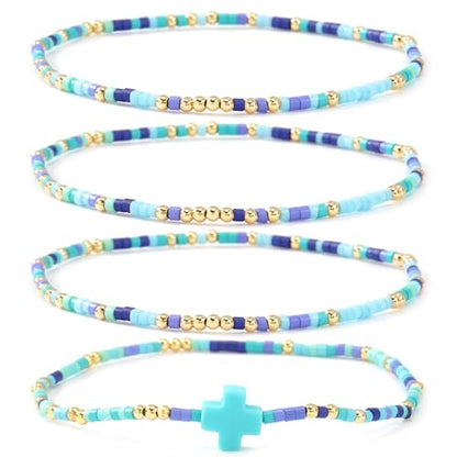 Christian Cross Christmas Stackable Seed Beaded Bracelets for Women, Boho Colorful Healing Stretch Accessories God Christ Pray Faith Amulet Jewelry, Daily Party Holiday Friendship Gift - color: Blue