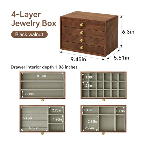 Wooden Jewelry Box for Women Men, Large | Velvet Lined Organizer, 4 Drawers, Solid Black Walnut Brass Handles, For Rings, Necklaces, Earrings - size: 4 drawers
