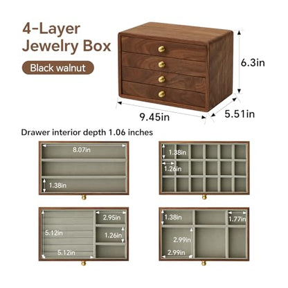Wooden Jewelry Box for Women Men, Large | Velvet Lined Organizer, 4 Drawers, Solid Black Walnut Brass Handles, For Rings, Necklaces, Earrings - size: 4 drawers