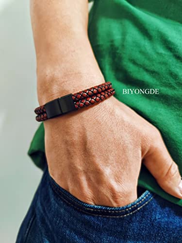 Minimalist Two-row Braided Leather Bangle Bracelet for Men, Cool Punk Rock - color: Red