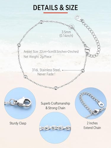 FaithHeart Waterproof Ankle Bracelets for Women, 1/2/3Pcs Non Tarnish Stainless Steel Layered Anklet Set Paperclip Figaro Cuban Link Chain Dainty Summer Beach Jewelry Gift Adjustable Size - style: a.Bead - Silver