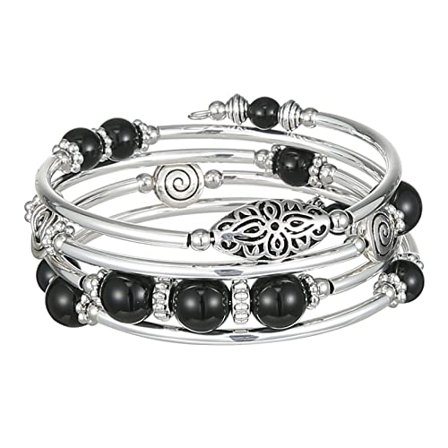 FULU AUTUMN Stackable Beaded Bracelets for Women Boho Wrap Silver Bracelet Layered Fashion Jewelry Gifts for Her - color: 17-Black