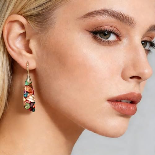 Boho Natural Imperial Jasper Teardrop Dangle Earrings for Women – Hypoallergenic French Hook Stone Drop Earrings Jewelry - color: Colorful Golden Hook