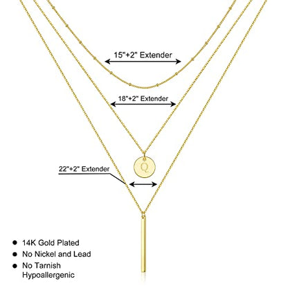 Initial Layered Necklaces for Women, 14K-Gold-Plated Coin Letter Necklace Bar Stacking Layer Necklace Multi Bar Layering Y-Necklaces Jewelry for Women - color: 14K-Gold-Plated, style: Q