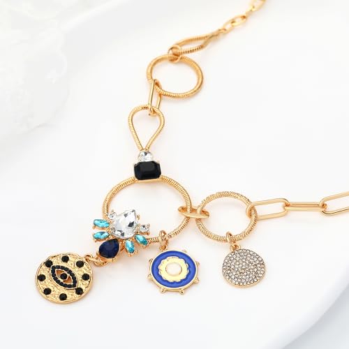 Charm Necklace for Women Gold Evil Eye Sun Moon Flower Coin Pendant Necklace Dainty Paperclip Chain Vintage Luck Amulet Choker Necklaces Celestial Jewelry Gift - style: Chunky Evil Eye, Flower