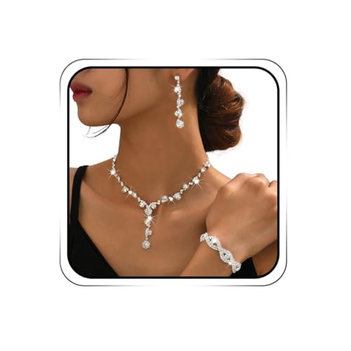 Sixexey Rhinestone Jewelry Set Bridal Necklaces Clip On Earrings Set Wedding Prom Jewelry Accessories for Women - color: Silver