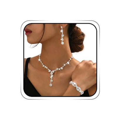 Sixexey Rhinestone Jewelry Set Bridal Necklaces Clip On Earrings Set Wedding Prom Jewelry Accessories for Women - color: Silver