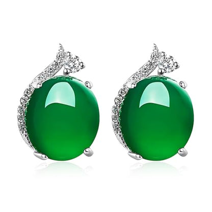 Jade Oval Stud Earrings for Women Good Luck Handmade Earrings Dainty Green Birthstone Crystal Earrings Unique Minimalism Jewelry Gift for Birthday Anniversary - color: Green