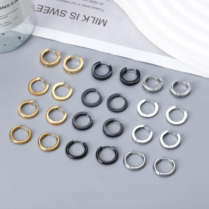 NEWITIN 12 Pairs Stainless Steel Hoop Earrings for Men Women Huggie Earring | Hypoallergenic, Gold Silver Black, Sensitive Ears, Multi Style, Lightweight Round Circle Earring, Unisex Earrings, Men Hoops