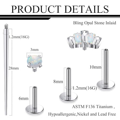 Titanium Flat Back Lip Rings Internally Threaded Earrings Studs Nose Rings 16G Opal CZ Tragus Cartilage Lobe Rook Helix Conch Labret Medusa Piercing Jewelry for Women Men W Piercing Taper Set - style: Crown Opal