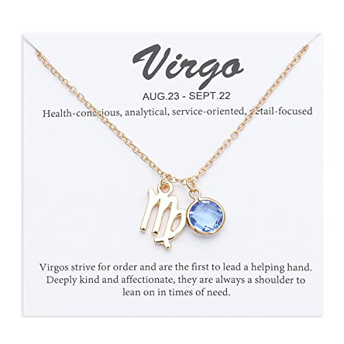 14k Gold Plated Zodiac Birthstone Crystal Pendant Necklace, Horoscope Sign Charm Necklace for Women Birthday Gift - color: Virgo-Sept.