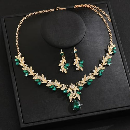 CJIAYUJEW Cubic Zirconia Wedding Jewelry Sets for Bride Bridesmaid Cluster Crystal Teardrop Pendants Jewelry Set Necklace Earring for Brides Bridesmaid for Wedding Party - color: Green