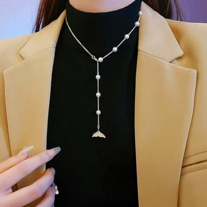 Boho Pearl Y Lariat Necklace for Women,Cz Fishtail Drop,Crystal Mermaid Tail, Y Drop Chain Jewelry for Girls