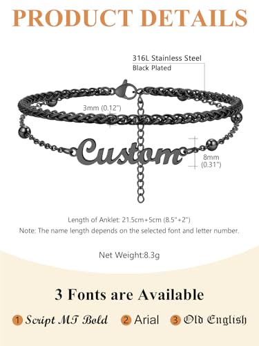 Custom4U Custom Name Anklet Bracelets for Women Waterproof Beaded/Figaro/Cuban/Rope/Wheat Chain Anklet Stackable Gold Plated Non Tarnish Custom Beach Gift Barefoot Summer Jewelry for Her - color: D03-Black Wheat Chain
