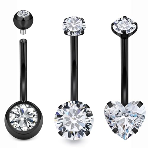 Belly Button Rings Surgical Steel Internally Threaded Belly Button Ring 10MM/12MM/14MM/16MM Navel Rings for Women Clear CZ 14G Long Bar Navel Piercing Jewelry - color: black, size: 14mm bar length