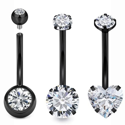 Belly Button Rings Surgical Steel Internally Threaded Belly Button Ring 10MM/12MM/14MM/16MM Navel Rings for Women Clear CZ 14G Long Bar Navel Piercing Jewelry - color: black, size: 14mm bar length