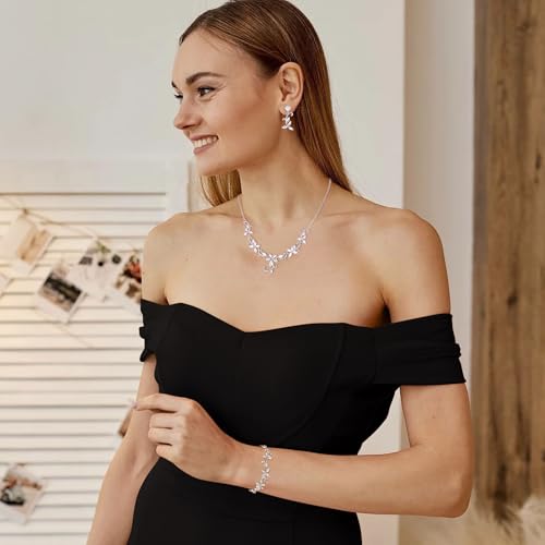 Crysdue Flower Leaf Wedding Jewelry Set for Bridal Bridemaid, Cubic Zirconia Teardrop Elegant Silver/14K/Rose Gold Plated Vine Necklace Dangle Earrings for Prom Party - style: B_Three Set Silver Tone