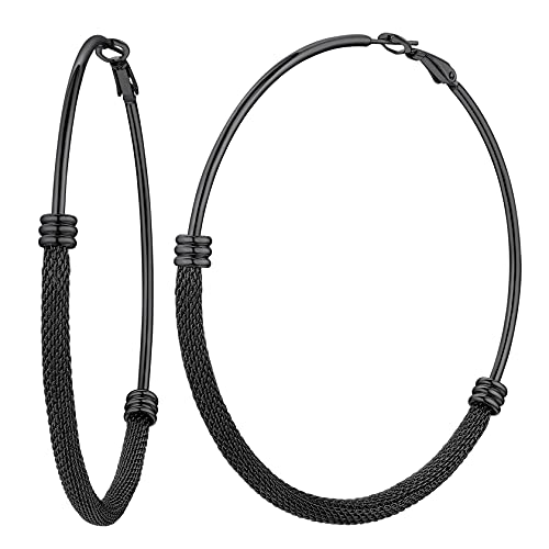 ChainsHouse 30/40/60/80mm Hoop Earrings for Women,Chunky Earrings in 18K Gold Plated/Silver/Black,Minimalist Jewelry Round Tube Hoops Fits Sensitive Ears|Hypoallergenic&Waterproof,with Gift Box - color: C:black-mesh tube, size: 80MM