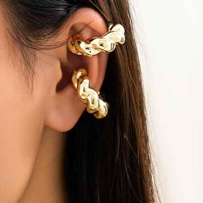 Gold Ear Cuff Earrings for Women Non Piercing 14K Gold Plated/Silver Cuff Clip On Cartilage Hoop Shining Cubic Zirconia Twisted Chain Ear Clip On Earring for Women Chunky Ear Cuffs Earrings - color: C-gold