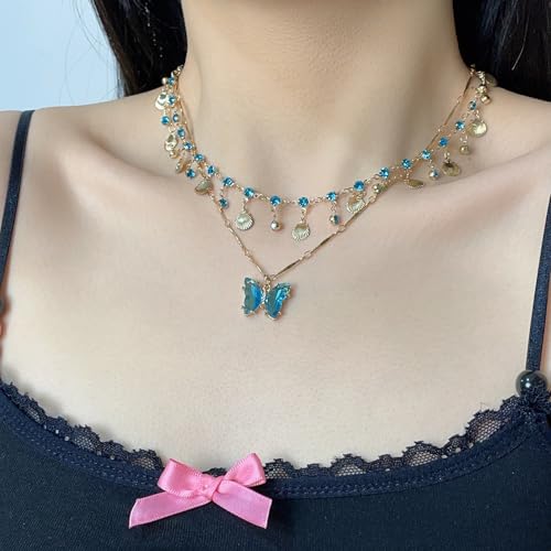 Necklace Bohemian Beach Jewelry Layered Chain Summer Accessories, Crystal Butterfly Necklace Y2K Fashion Jewelry Double Layered Trendy