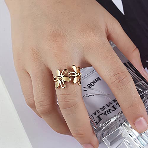 Asymmetric Sunflower Stainless Steel Wrap Open Rings for Women Cute Daisy Flowers Adjustable Statement Promise Engagement Finger Knuckle Rings Fashion Dainty Expandable Rings Christmas Thanksgiving Day Gifts - color: Stainless Steel