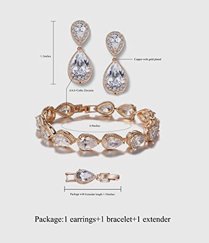 Bride Teardrop Earrings & Bracelet Wedding Jewelry Set, Cubic Zirconia Bridal Bridesmaid Party Formal Prom Gift - color: Rose Gold