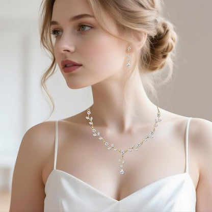 Elegant Bridal Jewelry Sets for Wedding Bride Leaf Shape Cubic Zirconia Necklace Earrings Bracelet Set Prom Costume Accessories - color: 3Pcs-Gold-Cubic Zriconia
