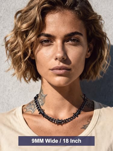 Bandmax Stainless Steel Barbed Wire Cuban Chain Necklace for Men & Women | Edgy Fierce Design, Waterproof & Tarnish Resistant, Silver/Black Tone, 5/7/9/12MM, 16-22 Inches, Street Punk Style Jewelry - color: A2 9MM-Black, size: 18 Inch (46cm, Pop Choice)