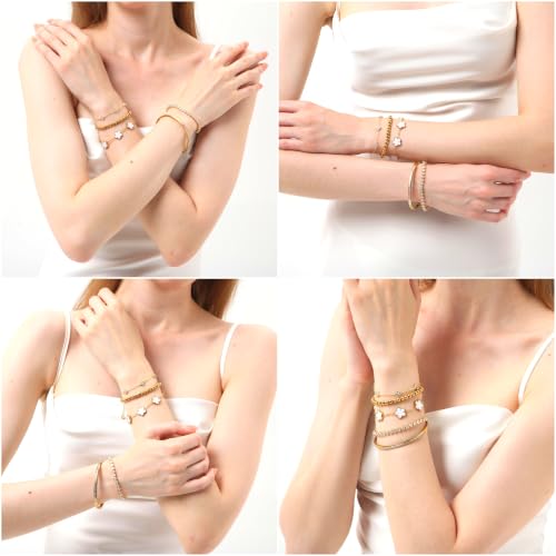 18K Gold Plated Clover Bracelet Set for Women - Four Leaf Lucky Clover Stackable Bracelets, Adjustable Beaded Chain Jewelry, Trendy Birthday Gift for Her