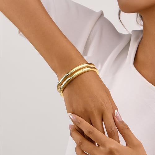 Gold Bangle Bracelets for Women Cuff Stackable Waterproof Non Tarnish Bracelet Stack Silver Plated 14k Chunky Bangles Jewelry Set for Woman - style: Style 2
