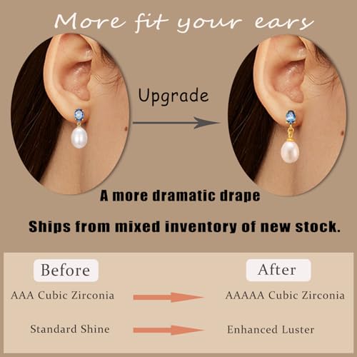 Pearl Drop Earrings Cubic Zirconia Stone Pearl Stud Earrings for Prom, Bridesmaids, Birthday Women Jewelry - color: Blue CZ Stone