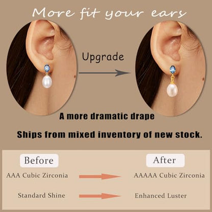 Pearl Drop Earrings Cubic Zirconia Stone Pearl Stud Earrings for Prom, Bridesmaids, Birthday Women Jewelry - color: Blue CZ Stone