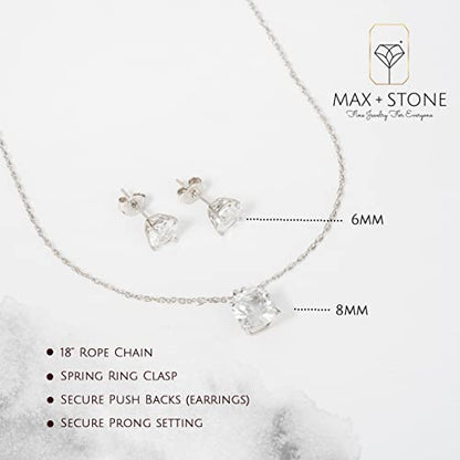 MAX + STONE 14k Gold Plated or Sterling Silver Cushion Cut Gemstone Stud Earrings and Pendant Necklace for Women with 6mm and 8mm Birthstones 18 Inch Chain and Push Backs Jewelry Set - style: Sterling Silver|Simulated Opal