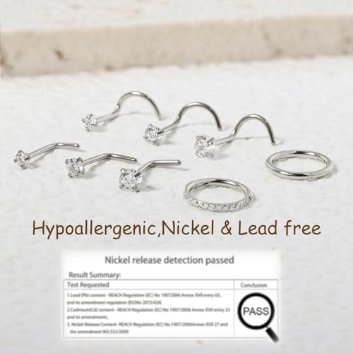 8PCS Titanium Nose Rings Stud, Gold Nose Ring for Women Men Hypoallergenic Nostril Hoops L Shape Nose Studs Corkscrew CZ Nose Piercing Jewelry Silver 18G & 20G Nose Ring Studs 2/2.5/3mm - style: 8PCS -Silver